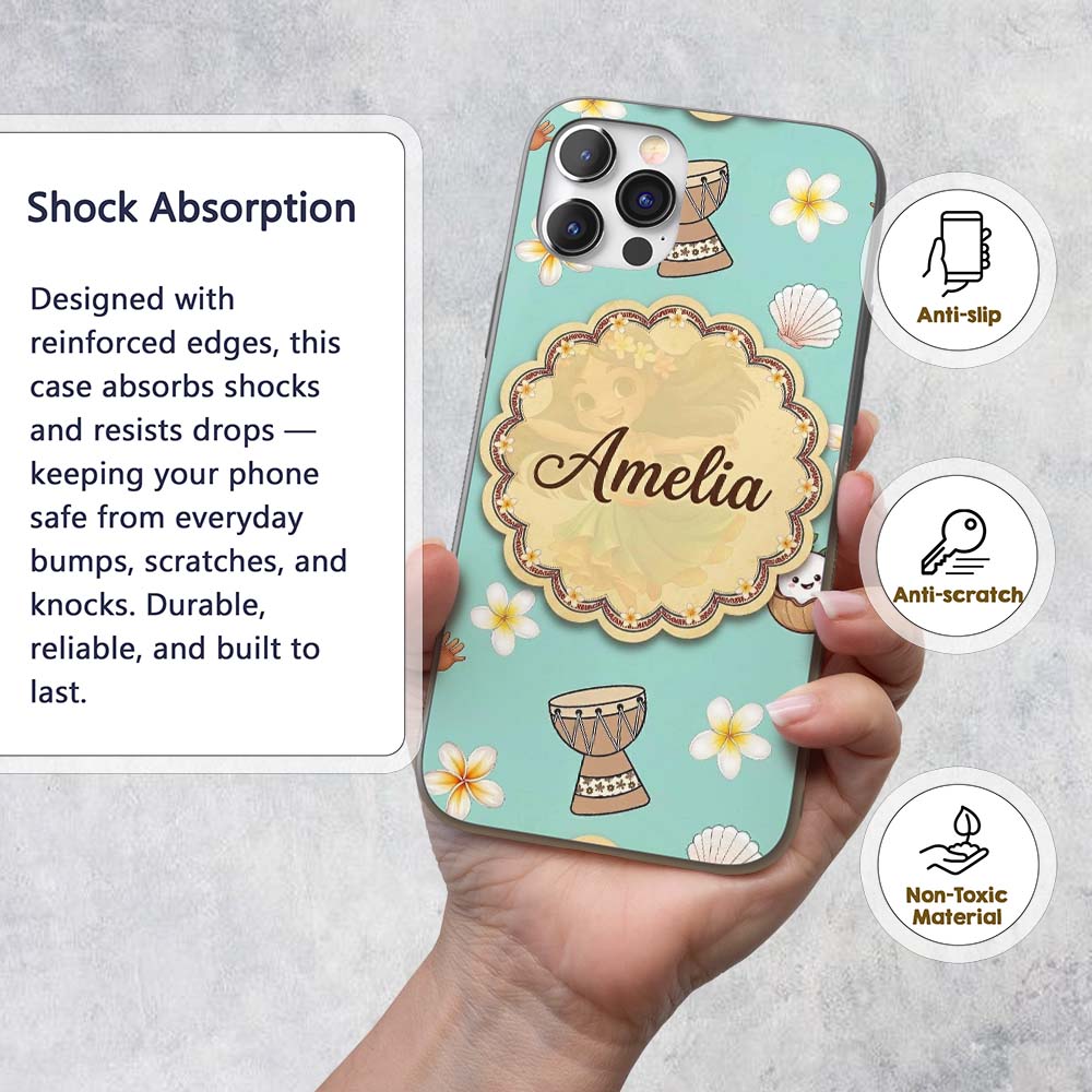 Cute Hawaiian Girl Hula Dance Coconut Shell Teal Custom Name Protective Phone Case Mobile Cover Durable Everyday Smartphone Shock Resistant