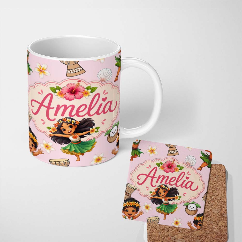 Personalized Custom Name Cute Hawaiian Girl Hula Dance Coconut Shell Pink Background 11oz Ceramic Coffee Tea Mug White Large Handle