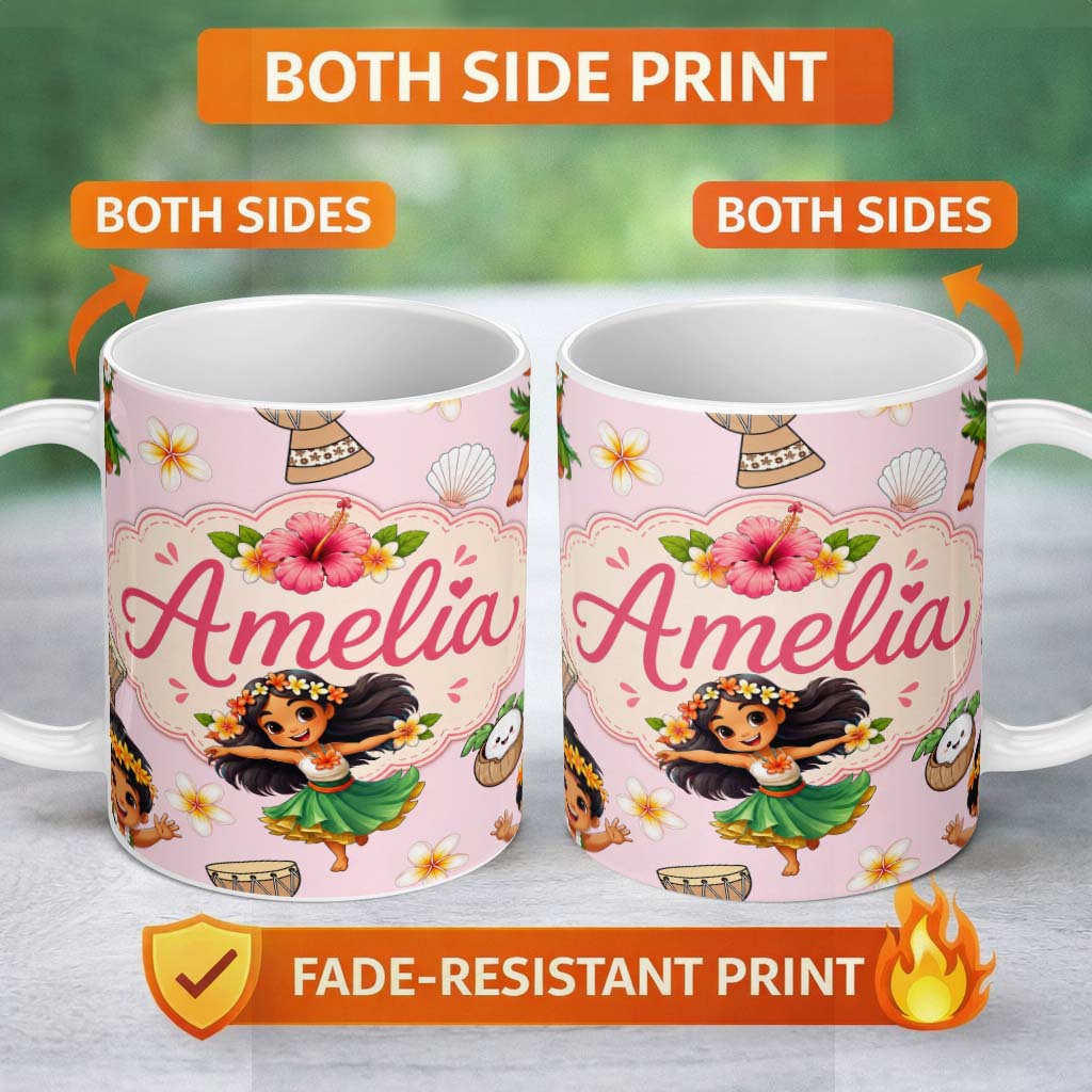 Personalized Custom Name Cute Hawaiian Girl Hula Dance Coconut Shell Pink Background 11oz Ceramic Coffee Tea Mug White Large Handle