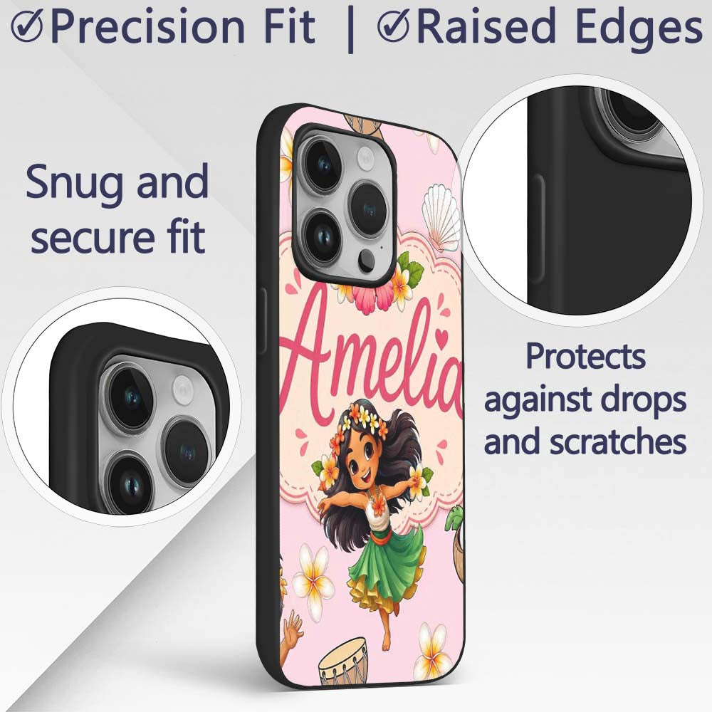 Cute Hawaiian Girl Hula Dance Coconut Shell Pink Custom Name Protective Phone Case Mobile Cover Durable Everyday Smartphone Shock Resistant