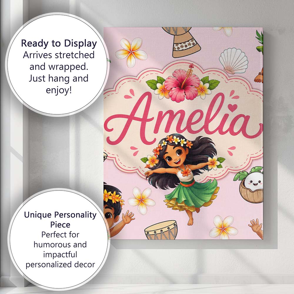 Personalised Name Cute Hawaiian Girl Hula Custom Unique Gift Idea Elegant Feature Canvas Wall Art Print Decor Picture Ready to Hang