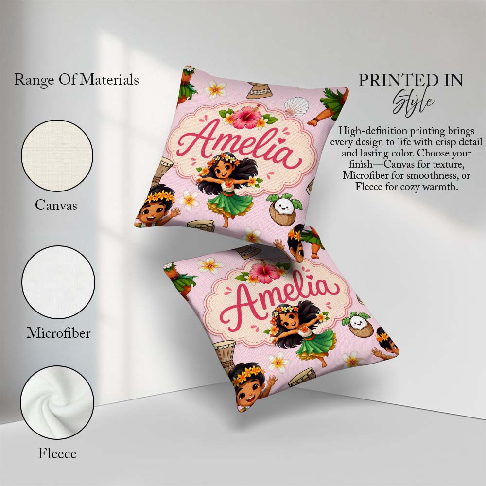 Custom Name Cute Hawaiian Girl Hula Dance Shell Pink Background Square Filled Cushion Throw Pillow Sofa Bed Home Decor Zip Washable UK Made