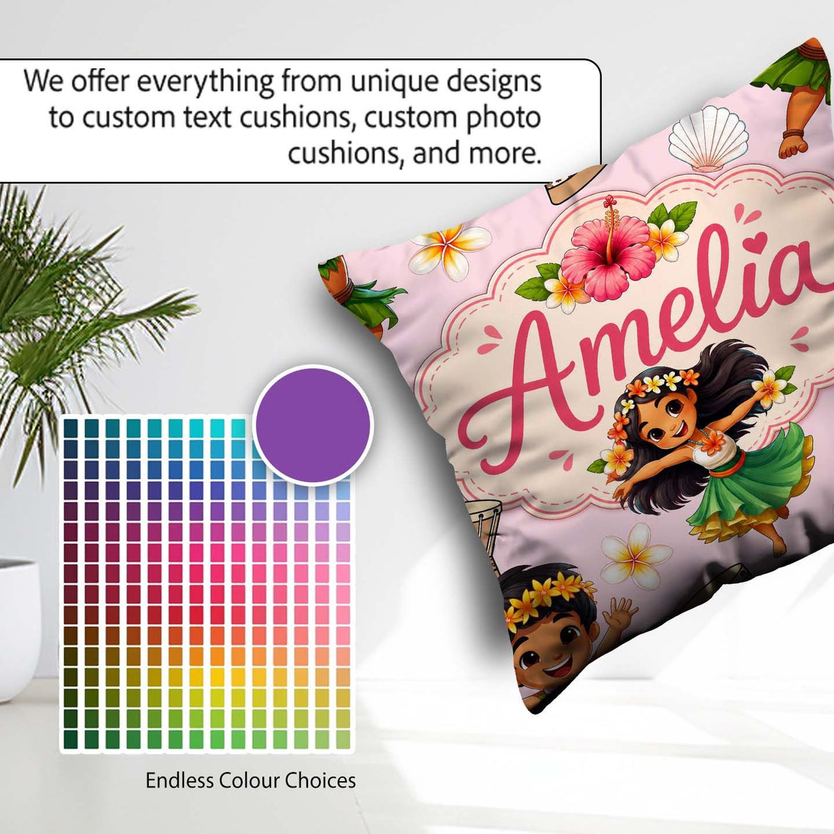 Custom Name Cute Hawaiian Girl Hula Dance Shell Pink Background Square Filled Cushion Throw Pillow Sofa Bed Home Decor Zip Washable UK Made