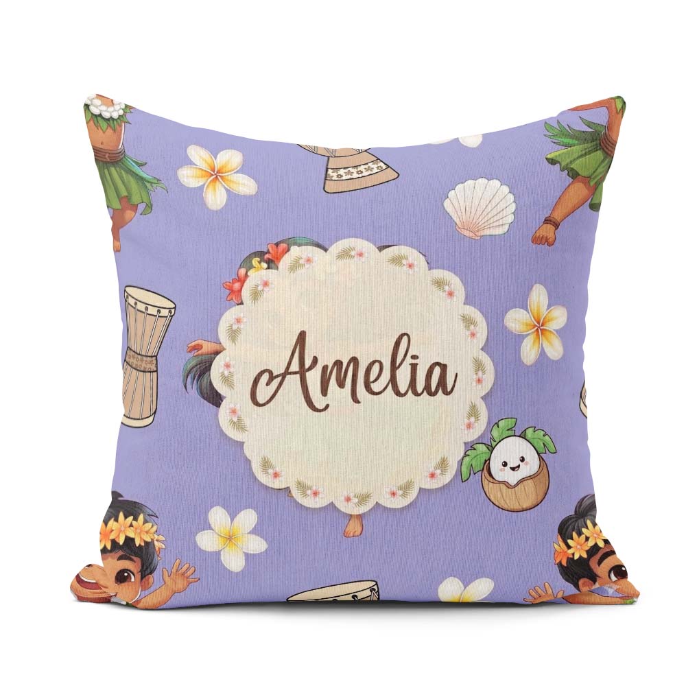 Custom Name Cute Girl Hula Dance Coconut Shell Purple Background Square Filled Cushion Throw Pillow Sofa Bed Home Decor Zip Washable UK Made