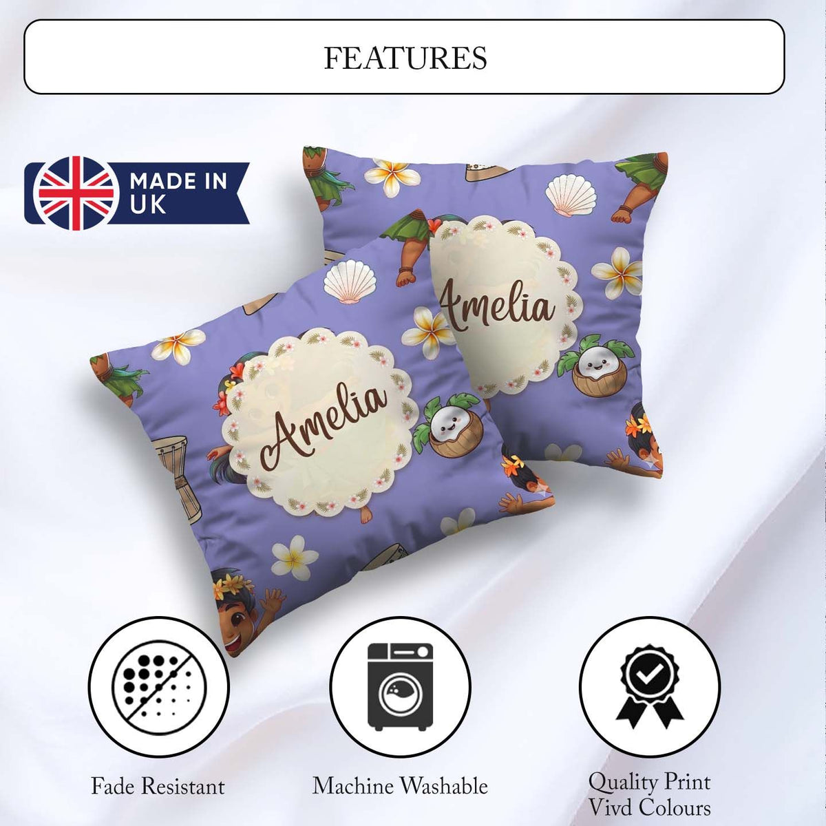 Custom Name Cute Girl Hula Dance Coconut Shell Purple Background Square Filled Cushion Throw Pillow Sofa Bed Home Decor Zip Washable UK Made