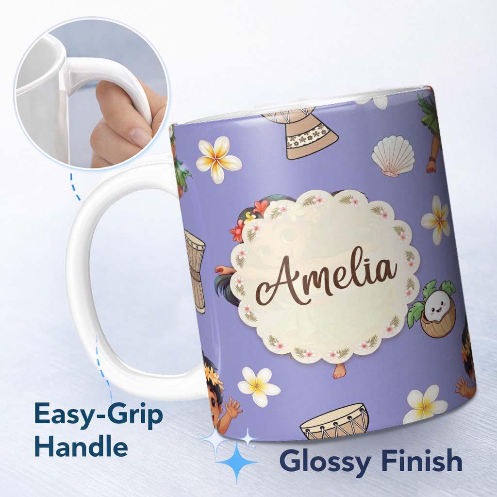 Personalized Custom Name Cute Hawaiian Girl Hula Dance Coconut Shell Purple Background 11oz Ceramic Coffee Tea Mug White Large Handle