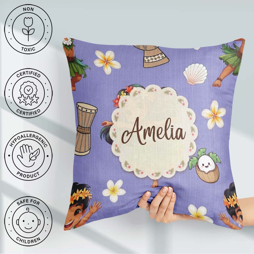 Custom Name Cute Girl Hula Dance Coconut Shell Purple Background Square Filled Cushion Throw Pillow Sofa Bed Home Decor Zip Washable UK Made