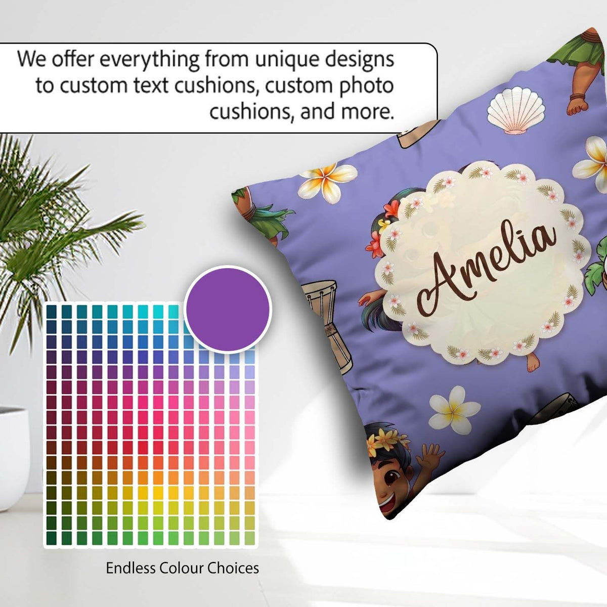 Custom Name Cute Girl Hula Dance Coconut Shell Purple Background Square Filled Cushion Throw Pillow Sofa Bed Home Decor Zip Washable UK Made