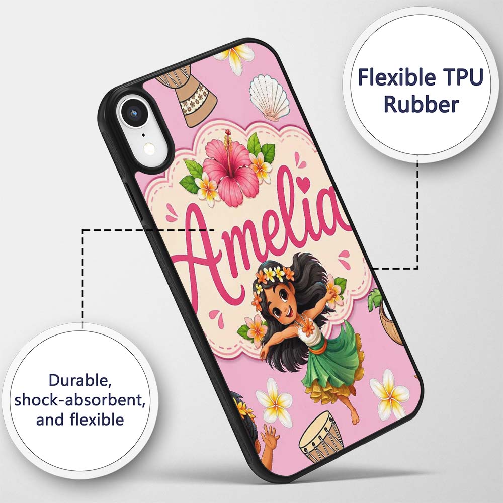 Cute Hawaiian Girl Hula Dance Coconut Shell Rose Custom Name Protective Phone Case Mobile Cover Durable Everyday Smartphone Shock Resistant