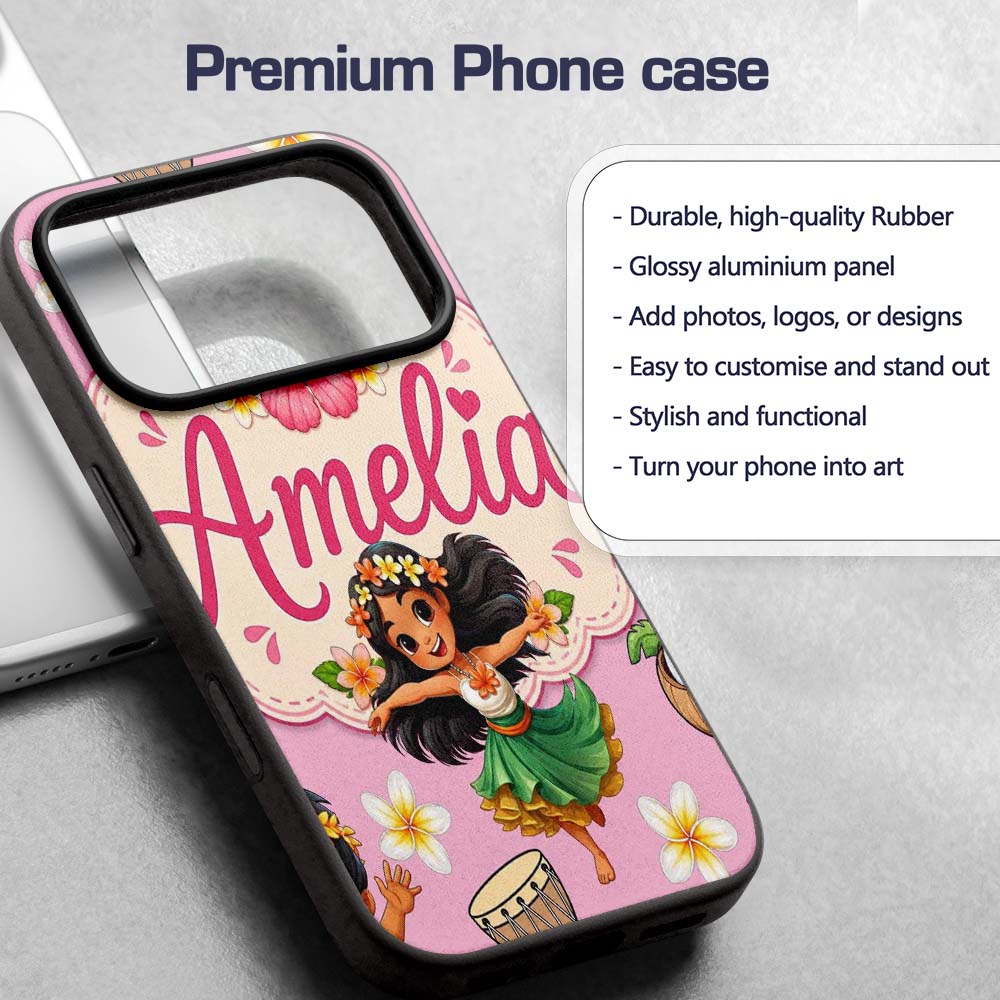 Cute Hawaiian Girl Hula Dance Coconut Shell Rose Custom Name Protective Phone Case Mobile Cover Durable Everyday Smartphone Shock Resistant