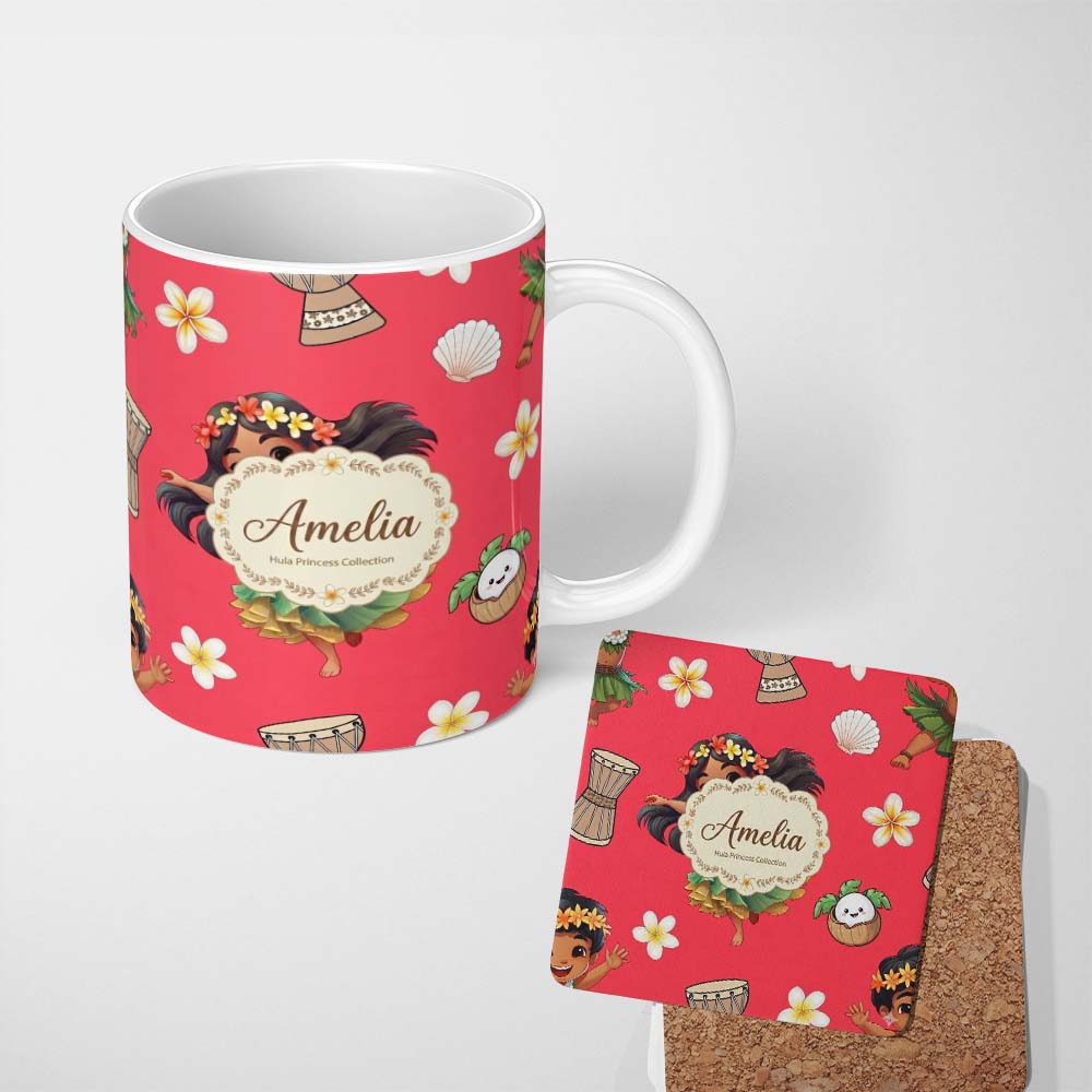 Personalized Custom Name Cute Hawaiian Girl Hula Dance Coconut Shell Red Background Seamless 11oz Ceramic Coffee Tea Mug White Large Handle