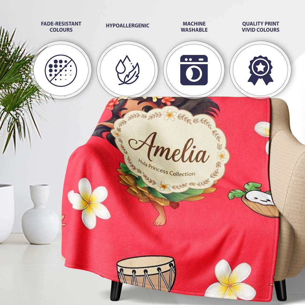 Cute Hawaiian Girl Hula Dance Coconut Shell Red Background Seamless Personalised Custom Name Super Soft Fleece Blanket Bed Sofa Throw
