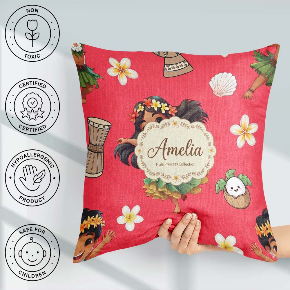 Custom Name Hawaiian Girl Hula Dance Coconut Shell Red Seamless Square Filled Cushion Throw Pillow Sofa Bed Home Decor Zip Washable UK Made