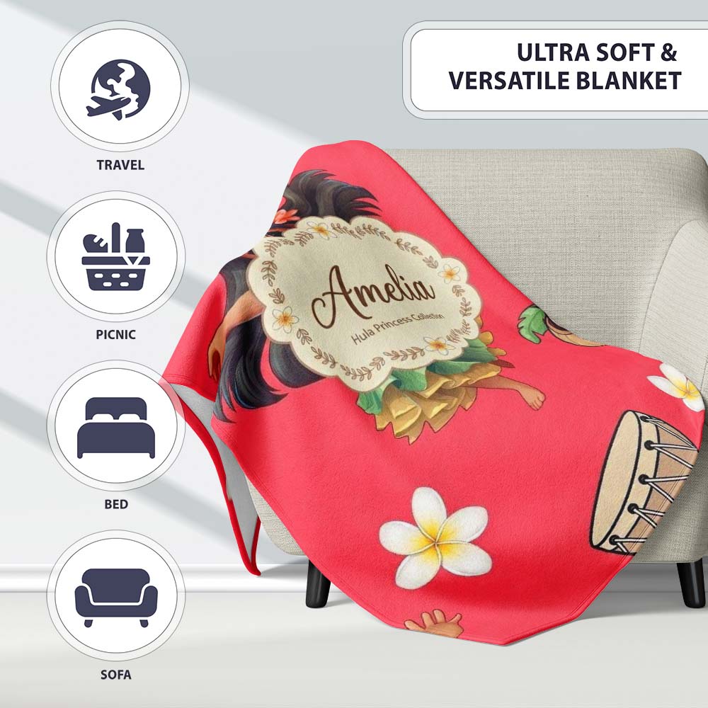 Cute Hawaiian Girl Hula Dance Coconut Shell Red Background Seamless Personalised Custom Name Super Soft Fleece Blanket Bed Sofa Throw