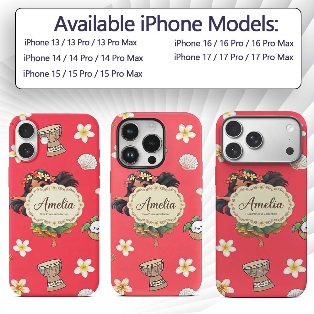 Cute Hawaiian Girl Hula Dance Coconut Shell Red Custom Name Protective Phone Case Mobile Cover Durable Everyday Smartphone Shock Resistant