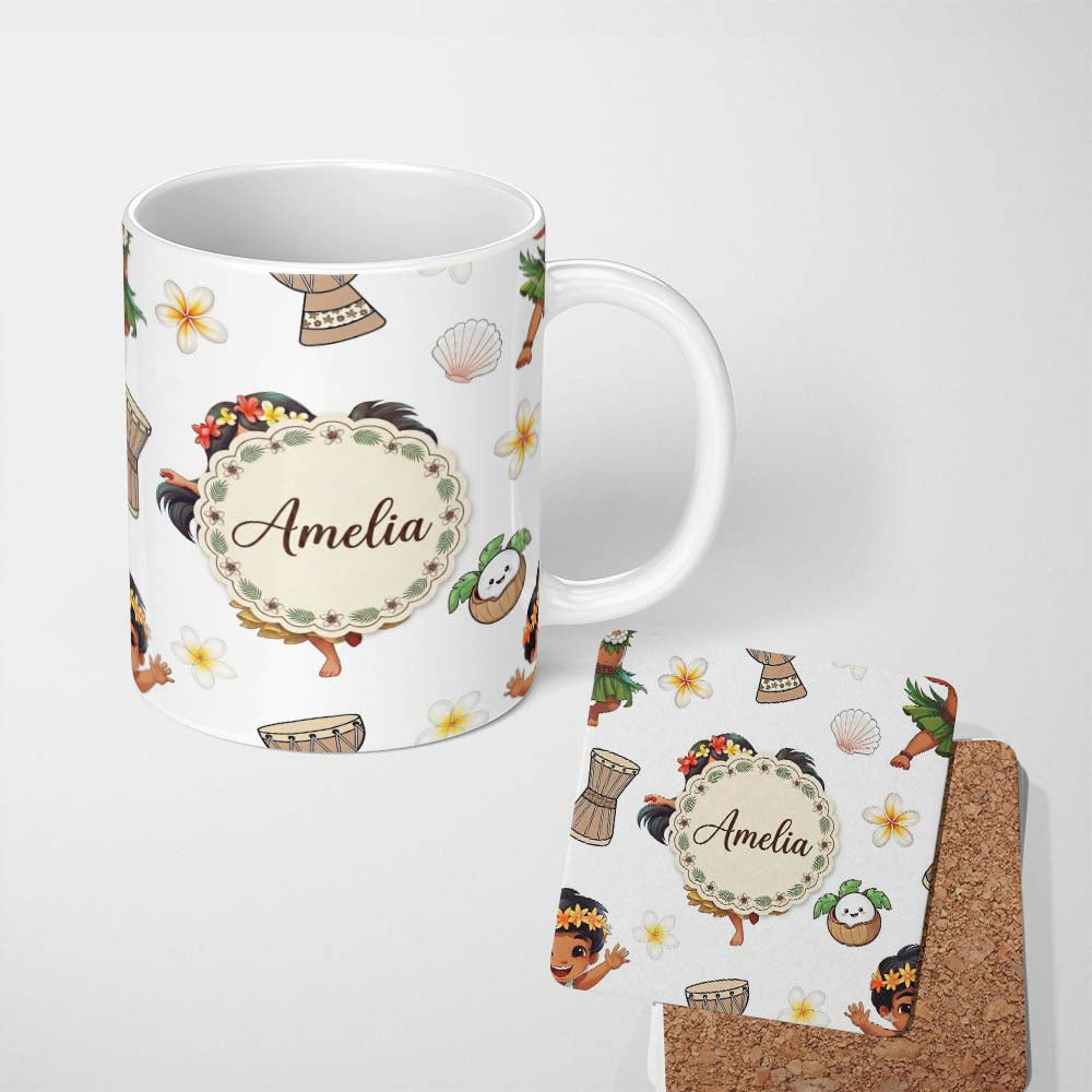 Personalized Custom Name Cute Hawaiian Girl Hula Dance Coconut Shell Grey Background 11oz Ceramic Coffee Tea Mug White Large Handle