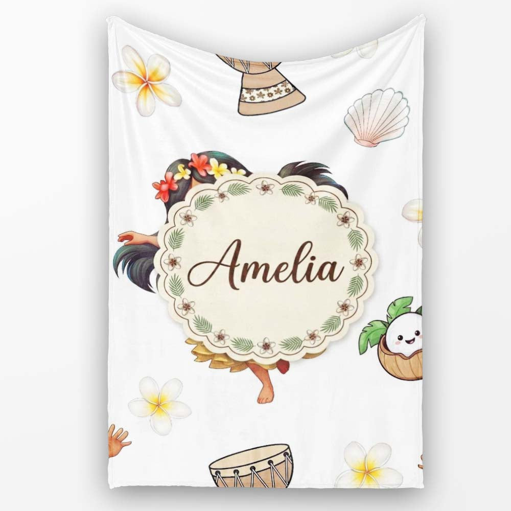 Cute Hawaiian Girl Hula Dance Coconut Shell Grey Background Personalised Custom Name Super Soft Fleece Blanket Bed Sofa Throw