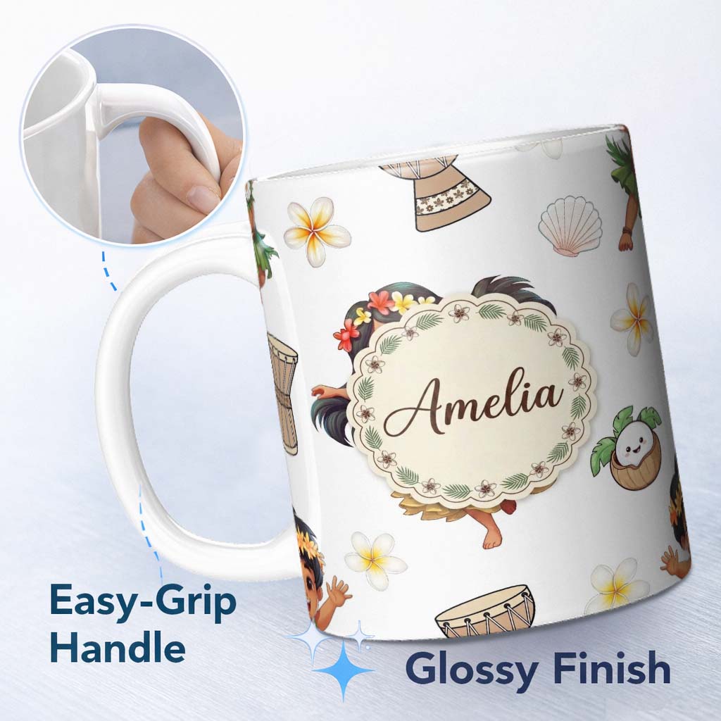 Personalized Custom Name Cute Hawaiian Girl Hula Dance Coconut Shell Grey Background 11oz Ceramic Coffee Tea Mug White Large Handle