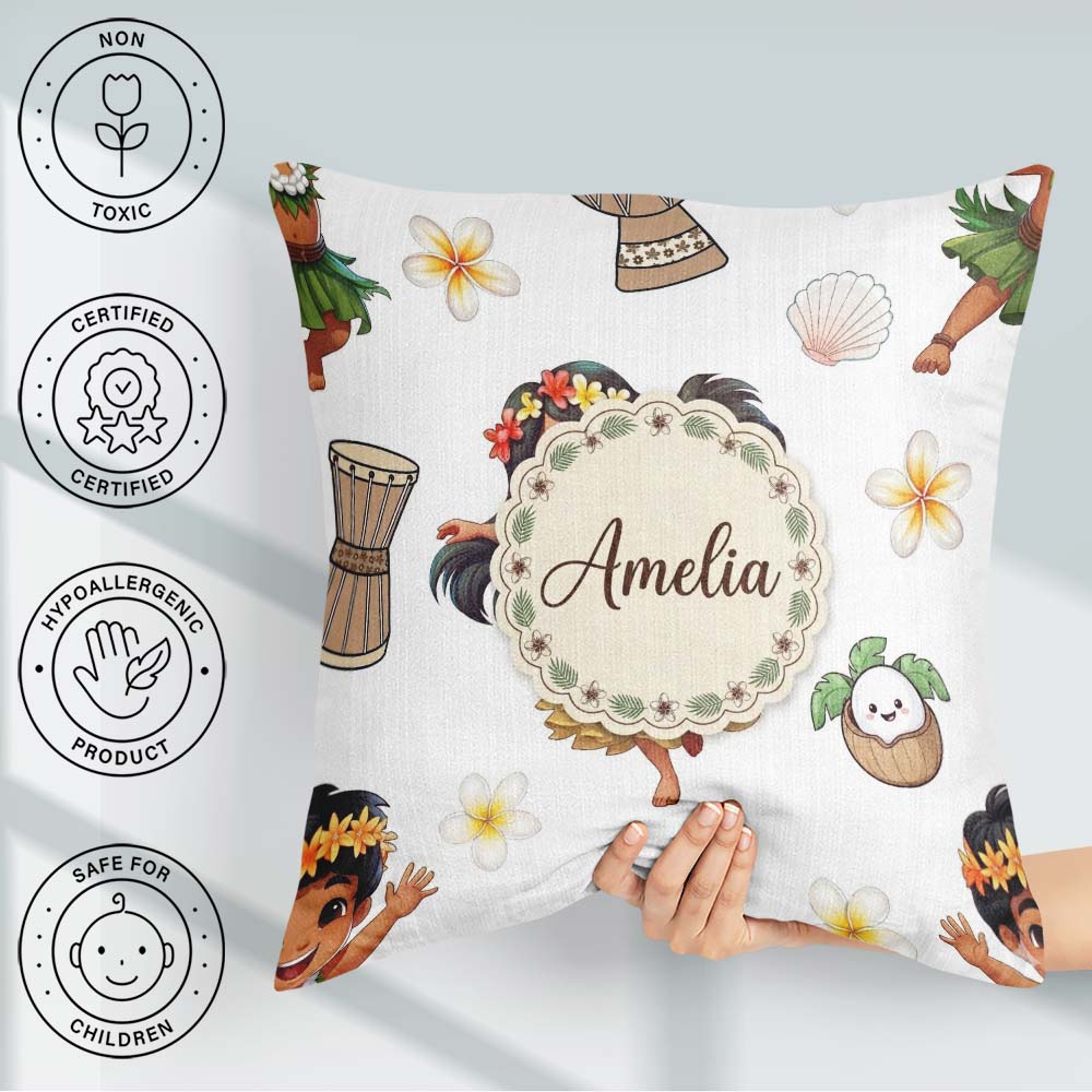 Custom Name Cute Hawaiian Girl Hula Dance Shell Grey Background Square Filled Cushion Throw Pillow Sofa Bed Home Decor Zip Washable UK Made