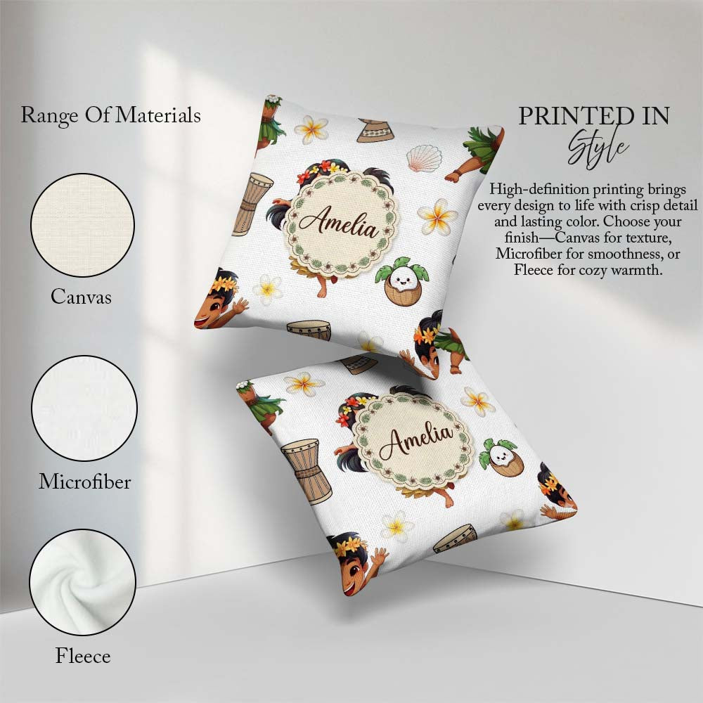 Custom Name Cute Hawaiian Girl Hula Dance Shell Grey Background Square Filled Cushion Throw Pillow Sofa Bed Home Decor Zip Washable UK Made