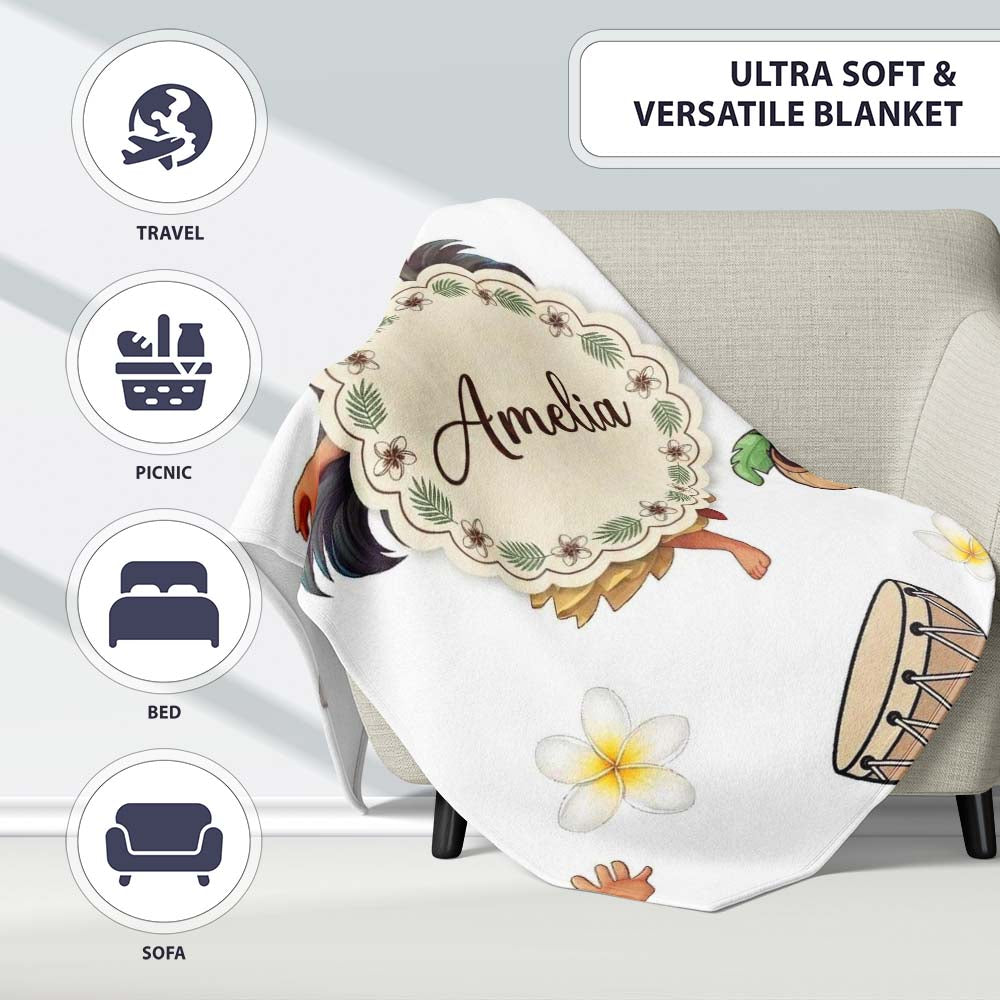 Cute Hawaiian Girl Hula Dance Coconut Shell Grey Background Personalised Custom Name Super Soft Fleece Blanket Bed Sofa Throw