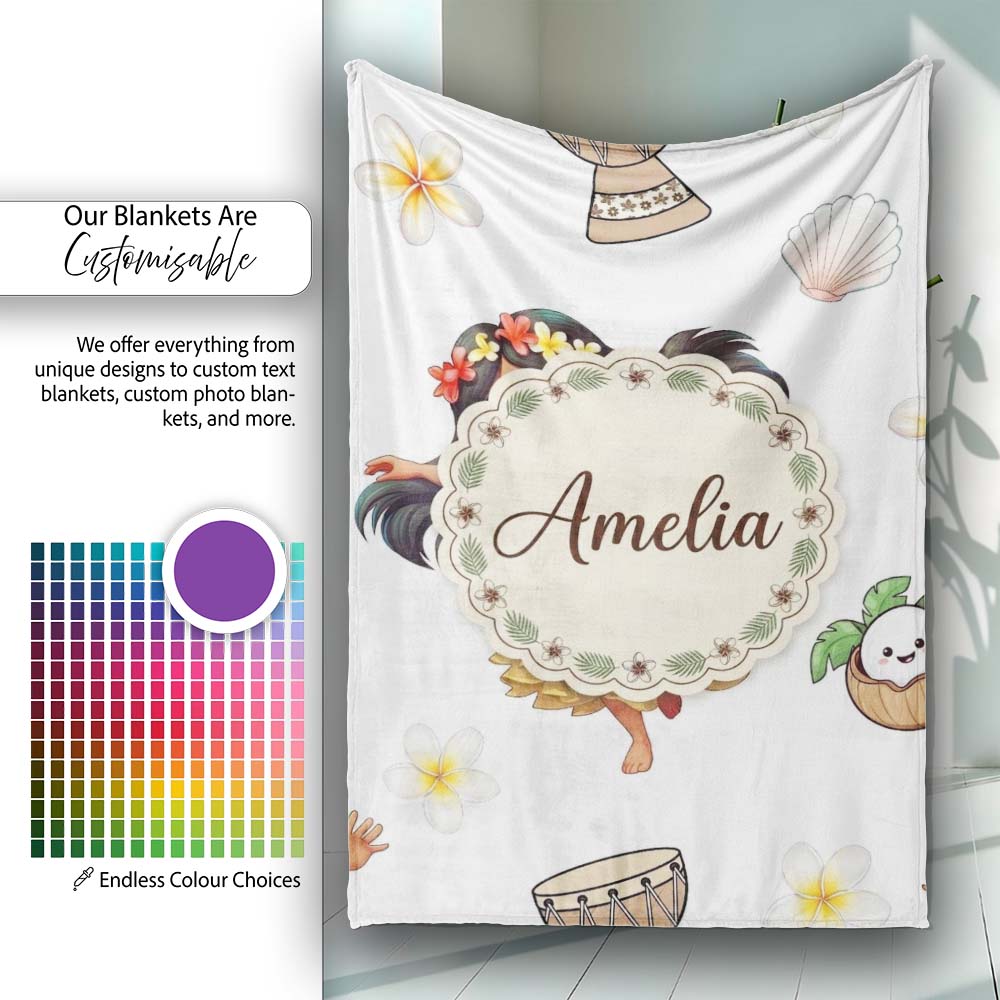 Cute Hawaiian Girl Hula Dance Coconut Shell Grey Background Personalised Custom Name Super Soft Fleece Blanket Bed Sofa Throw