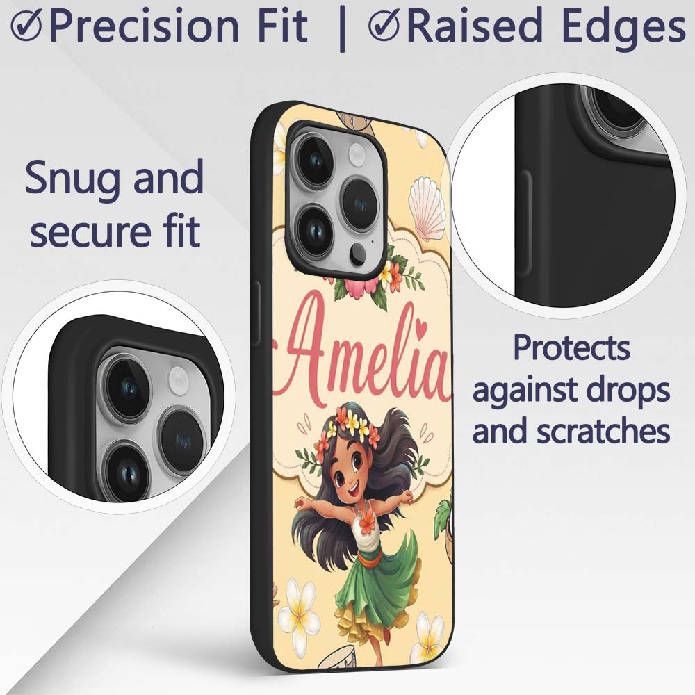 Cute Hawaiian Girl Hula Dance Printed Design Custom Name Protective Phone Case Mobile Cover Durable Everyday Smartphone Shock Resistant