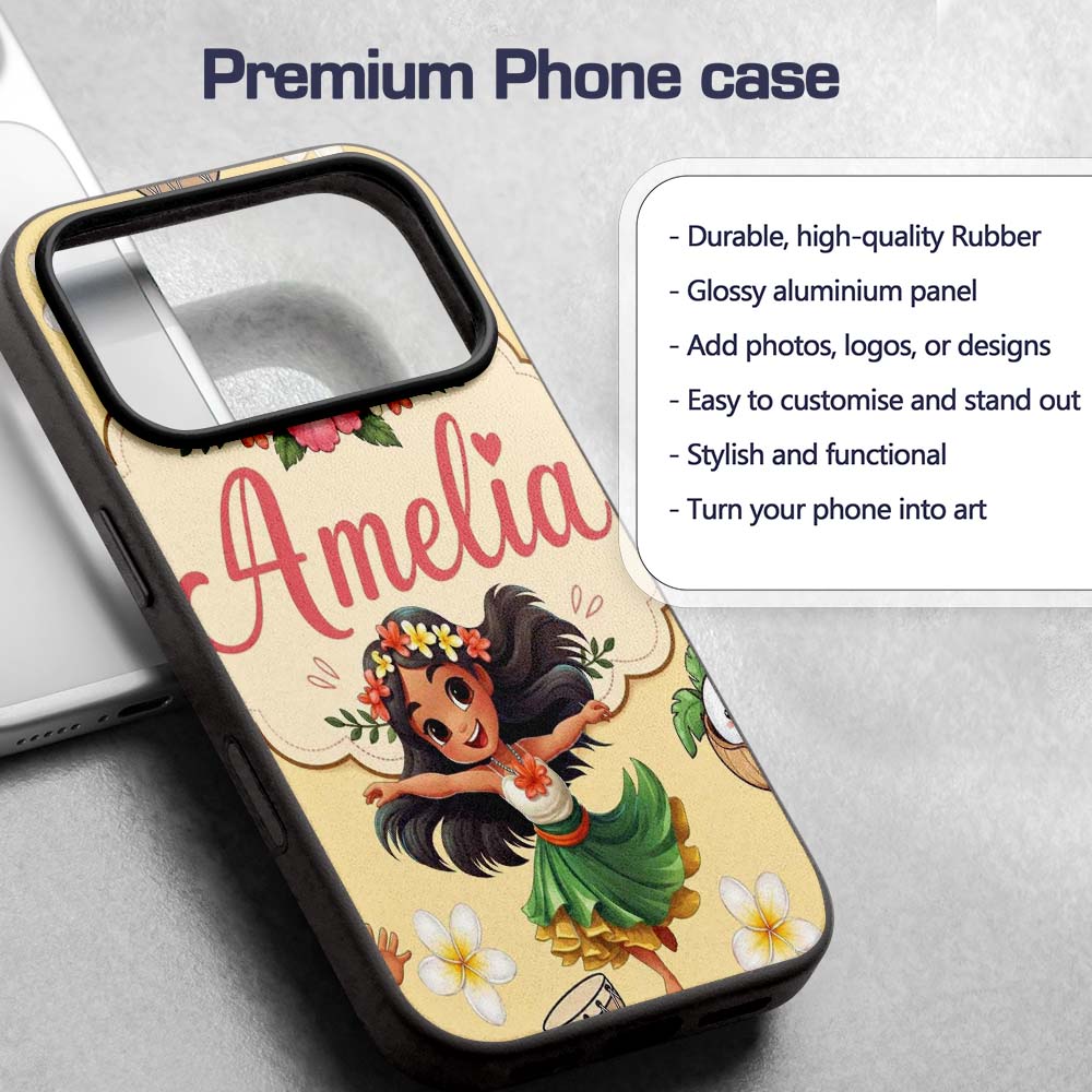 Cute Hawaiian Girl Hula Dance Printed Design Custom Name Protective Phone Case Mobile Cover Durable Everyday Smartphone Shock Resistant