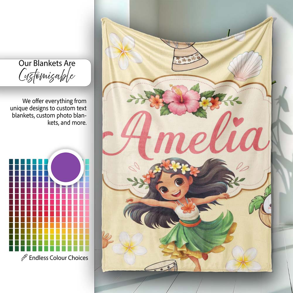 Cute Hawaiian Girl Hula Dance Coconut Shell Yellow Background Personalised Custom Name Super Soft Fleece Blanket Bed Sofa Throw