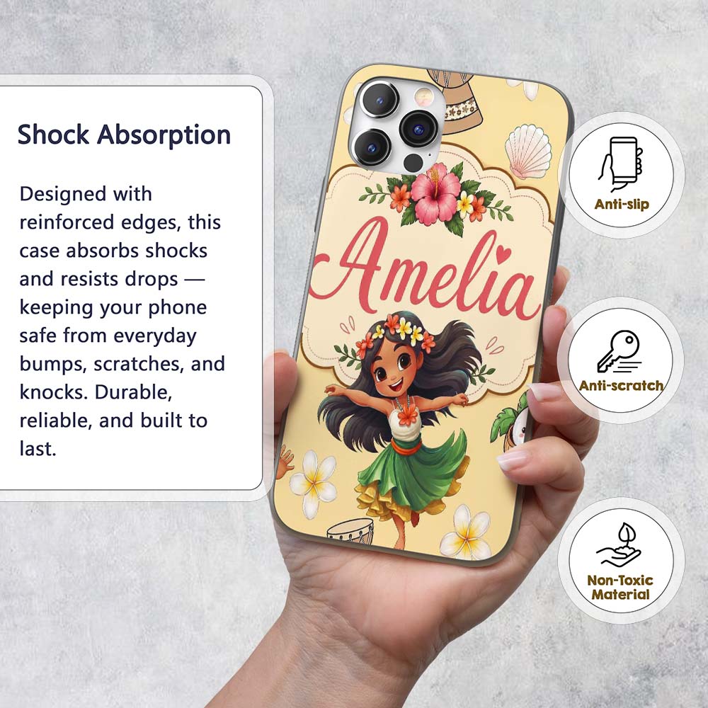 Cute Hawaiian Girl Hula Dance Printed Design Custom Name Protective Phone Case Mobile Cover Durable Everyday Smartphone Shock Resistant