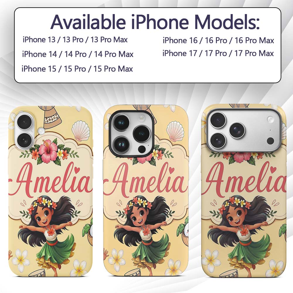 Cute Hawaiian Girl Hula Dance Printed Design Custom Name Protective Phone Case Mobile Cover Durable Everyday Smartphone Shock Resistant