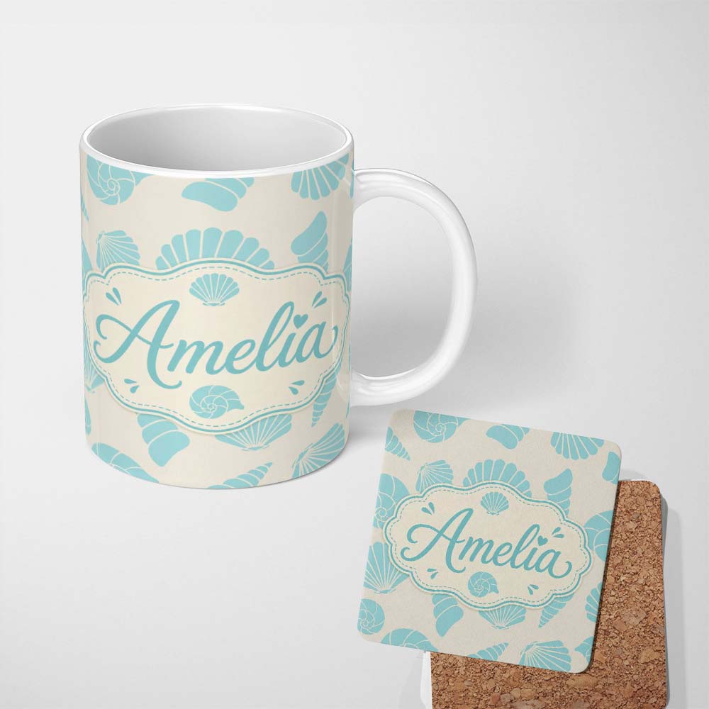 Personalized Custom Name Minimal Seashell Pattern Blue Coastal Background Seamless Custom 11oz Ceramic Coffee Tea Mug White Large Handle