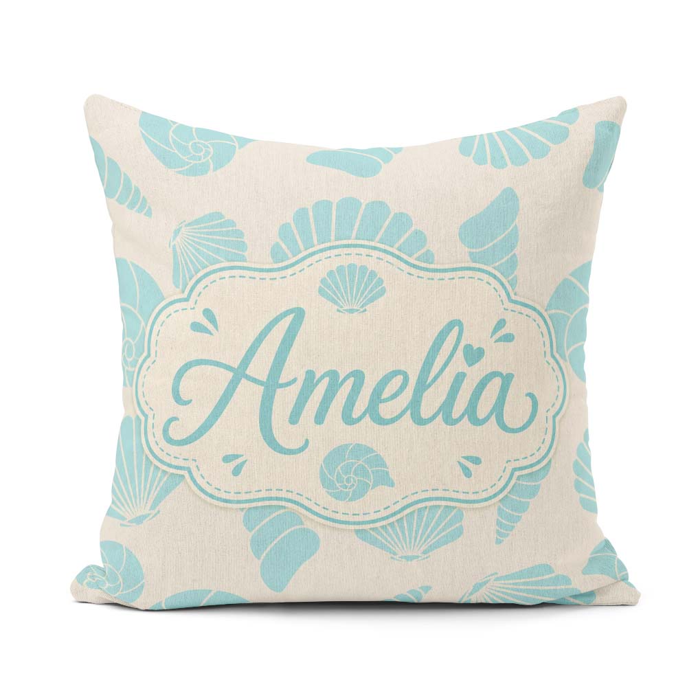 Custom Name Minimal Seashell Pattern Coastal Background Seamless Square Filled Cushion Throw Pillow Sofa Bed Home Decor Zip Washable UK Made
