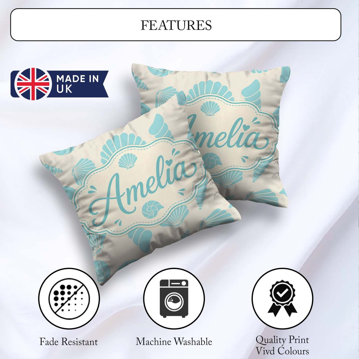 Custom Name Minimal Seashell Pattern Coastal Background Seamless Square Filled Cushion Throw Pillow Sofa Bed Home Decor Zip Washable UK Made