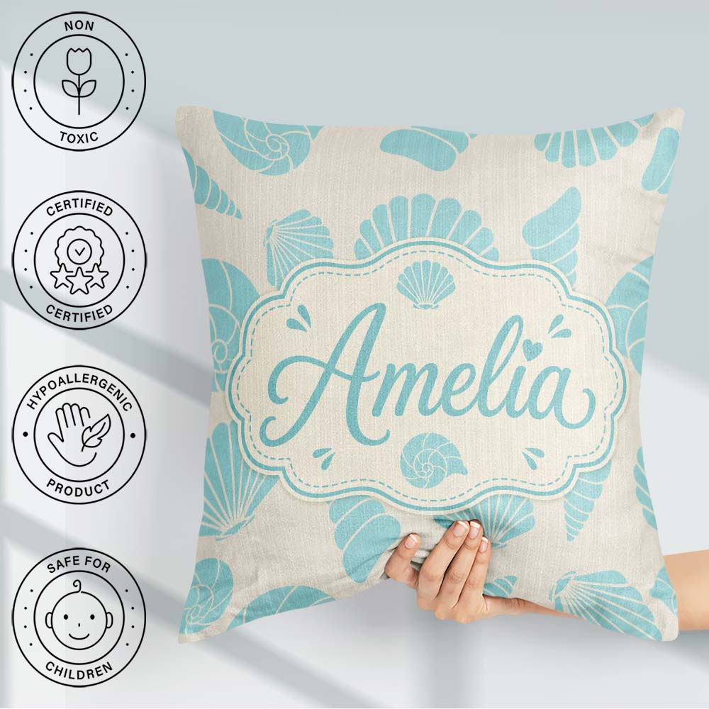 Custom Name Minimal Seashell Pattern Coastal Background Seamless Square Filled Cushion Throw Pillow Sofa Bed Home Decor Zip Washable UK Made