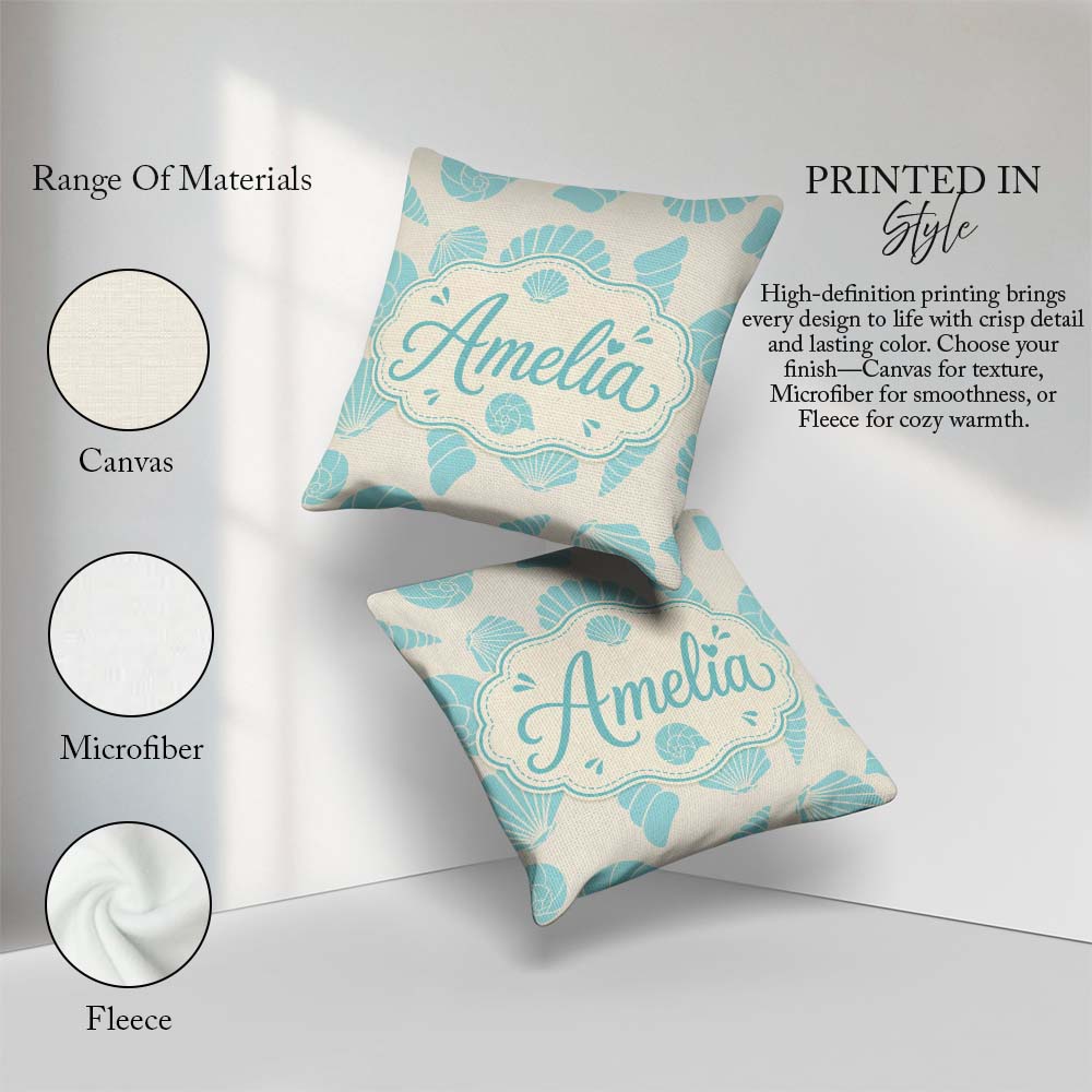 Custom Name Minimal Seashell Pattern Coastal Background Seamless Square Filled Cushion Throw Pillow Sofa Bed Home Decor Zip Washable UK Made