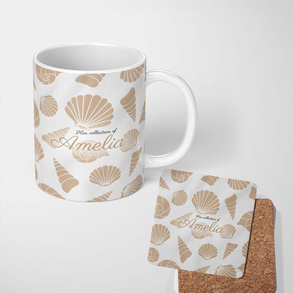 Personalized Custom Name Minimal Seashell Pattern Beige Coastal Background Seamless Name Cute 11oz Ceramic Coffee Tea Mug White Large Handle