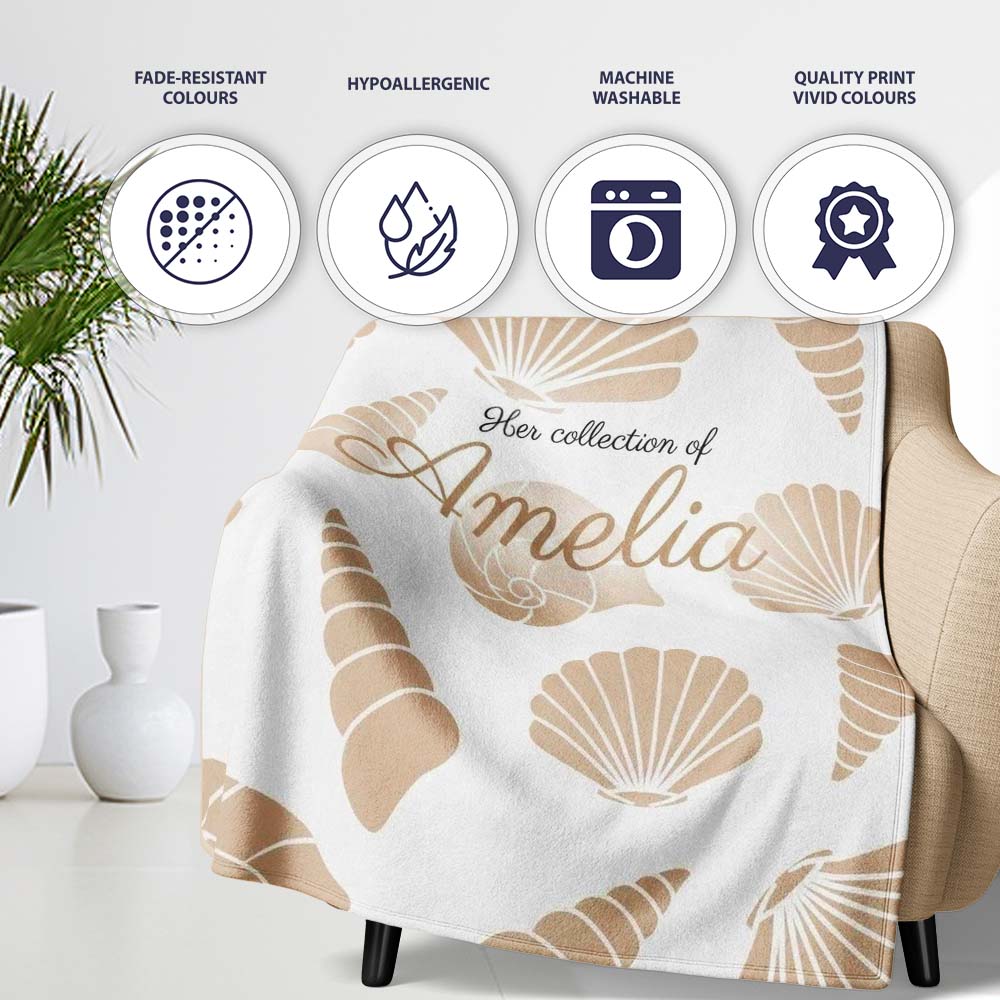 Minimal Seashell Pattern Beige Coastal Background Seamless Name Cute Personalised Custom Name Super Soft Fleece Blanket Bed Sofa Throw