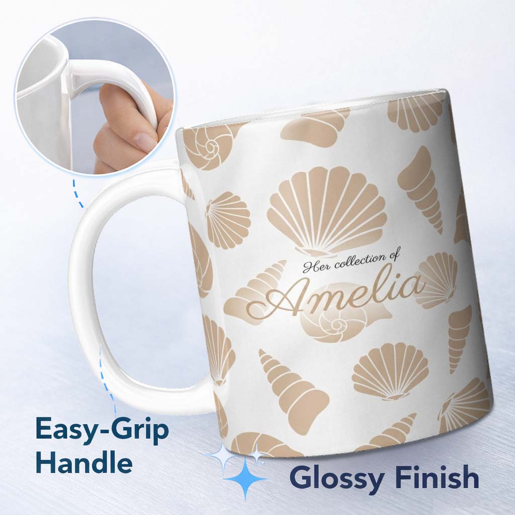 Personalized Custom Name Minimal Seashell Pattern Beige Coastal Background Seamless Name Cute 11oz Ceramic Coffee Tea Mug White Large Handle