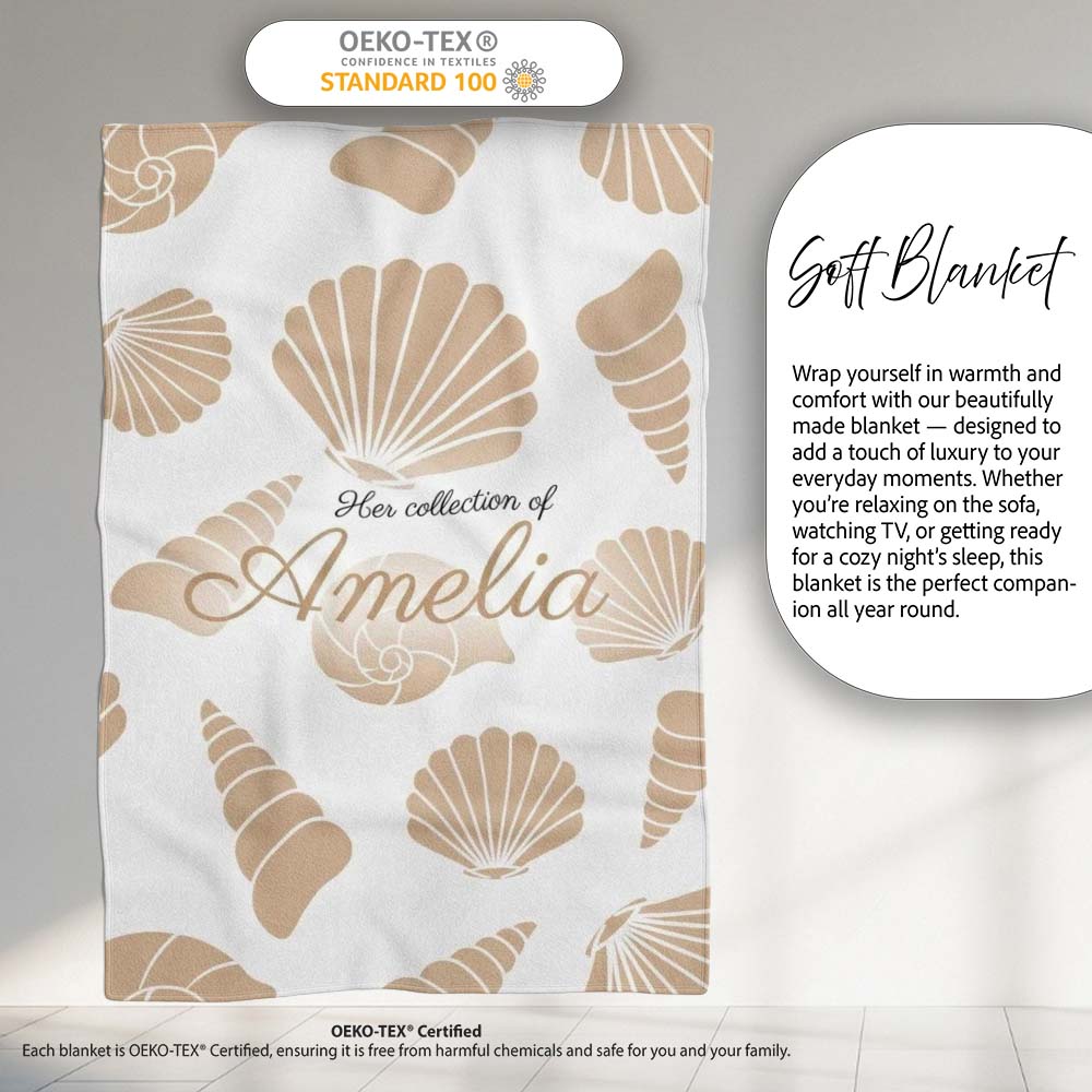 Minimal Seashell Pattern Beige Coastal Background Seamless Name Cute Personalised Custom Name Super Soft Fleece Blanket Bed Sofa Throw