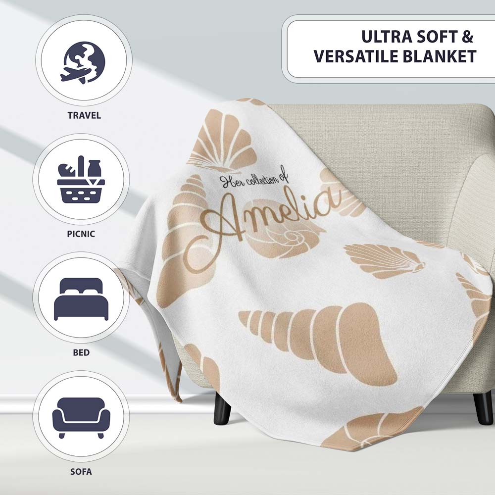 Minimal Seashell Pattern Beige Coastal Background Seamless Name Cute Personalised Custom Name Super Soft Fleece Blanket Bed Sofa Throw