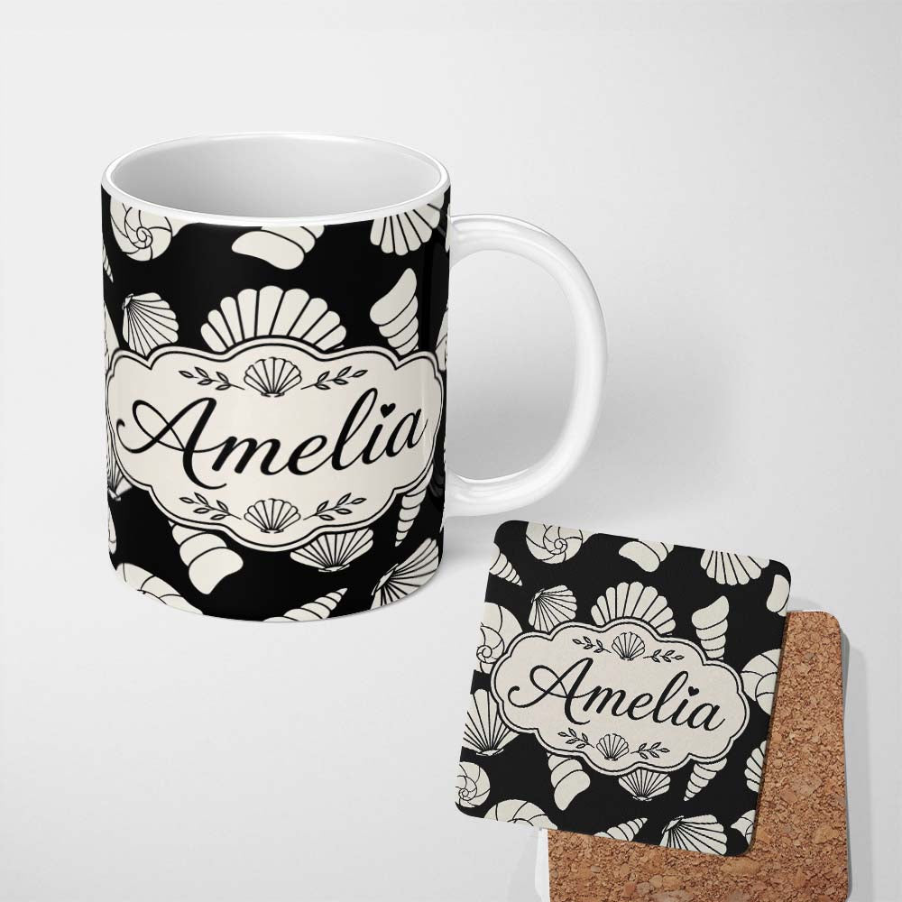 Personalized Custom Name Minimal Seashell Pattern Black Background Coastal Style Seamless 11oz Ceramic Coffee Tea Mug White Large Handle