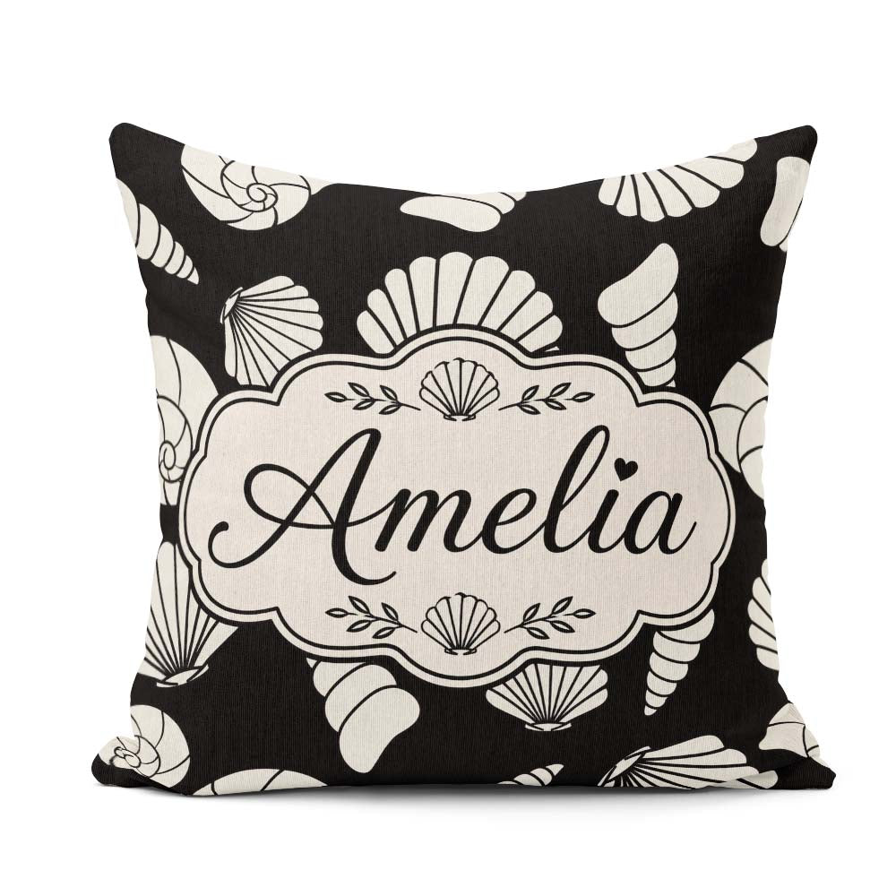Custom Name Minimal Seashell Pattern Background Coastal Seamless Square Filled Cushion Throw Pillow Sofa Bed Home Decor Zip Washable UK Made