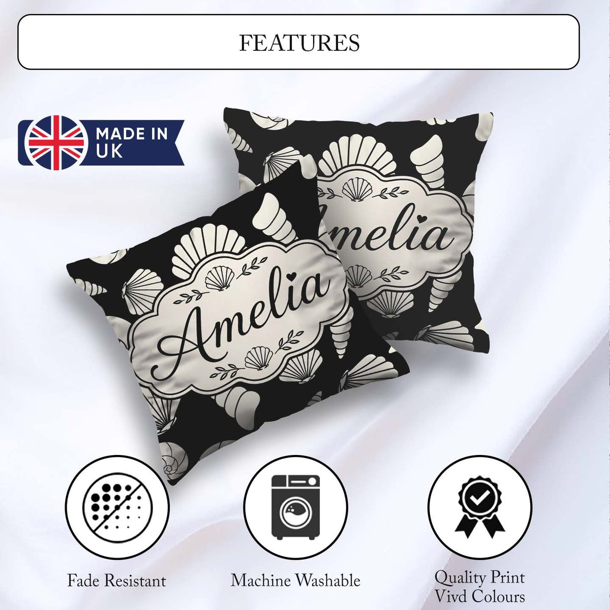 Custom Name Minimal Seashell Pattern Background Coastal Seamless Square Filled Cushion Throw Pillow Sofa Bed Home Decor Zip Washable UK Made
