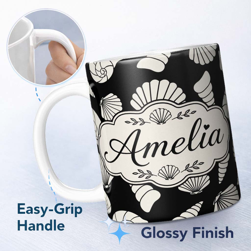 Personalized Custom Name Minimal Seashell Pattern Black Background Coastal Style Seamless 11oz Ceramic Coffee Tea Mug White Large Handle