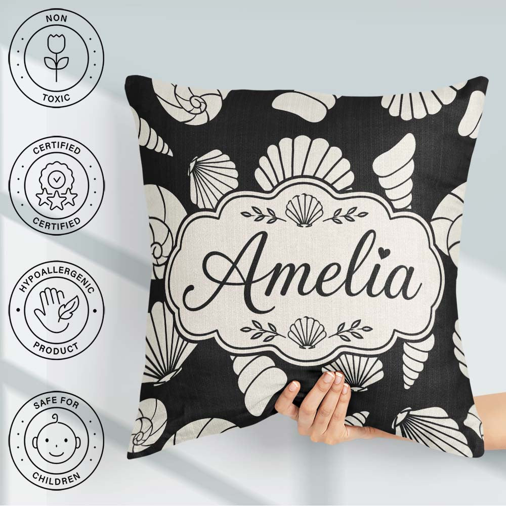 Custom Name Minimal Seashell Pattern Background Coastal Seamless Square Filled Cushion Throw Pillow Sofa Bed Home Decor Zip Washable UK Made