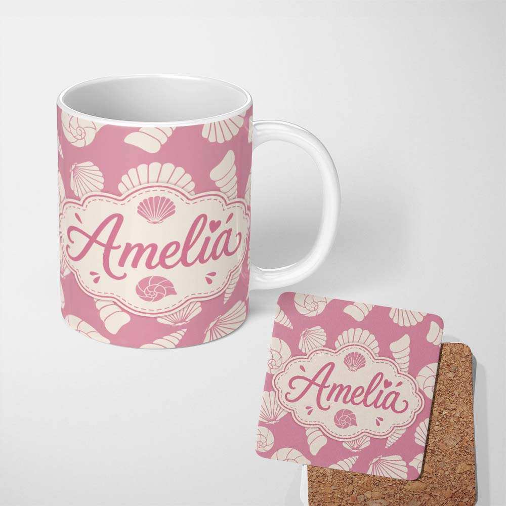 Personalized Custom Name Minimal Seashell Pattern Soft Pink Background Coastal Style 11oz Ceramic Coffee Tea Mug White Large Handle