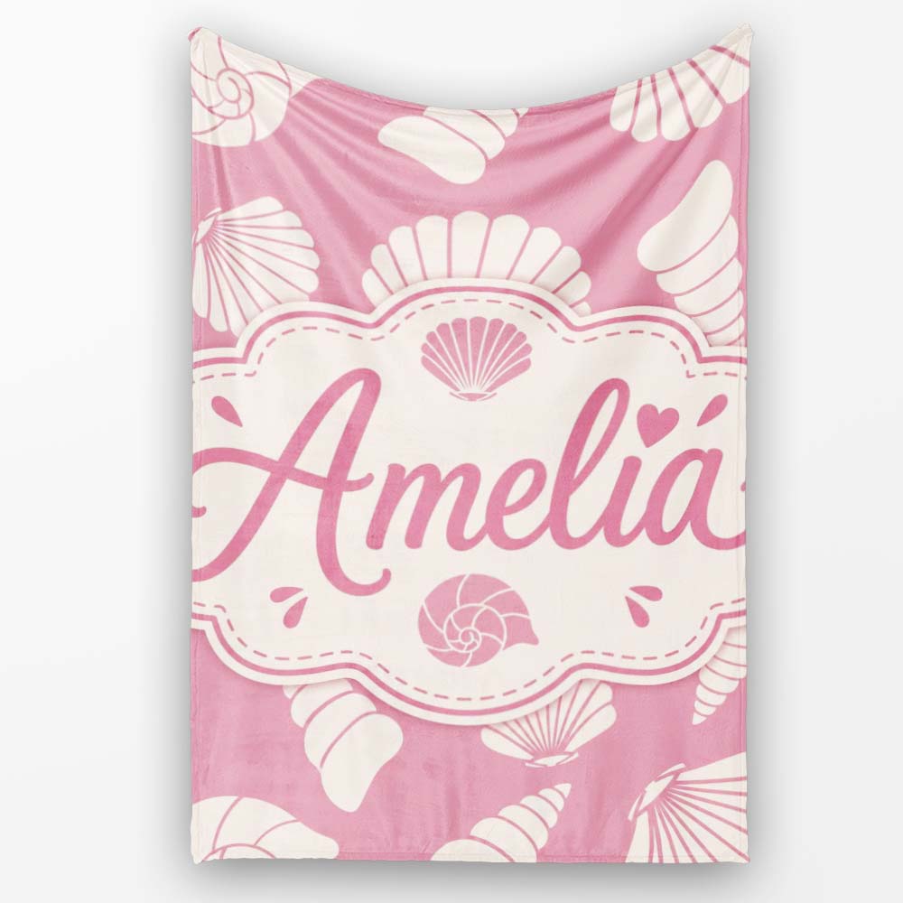 Minimal Seashell Pattern Soft Pink Background Coastal Style Personalised Custom Name Super Soft Fleece Blanket Bed Sofa Throw