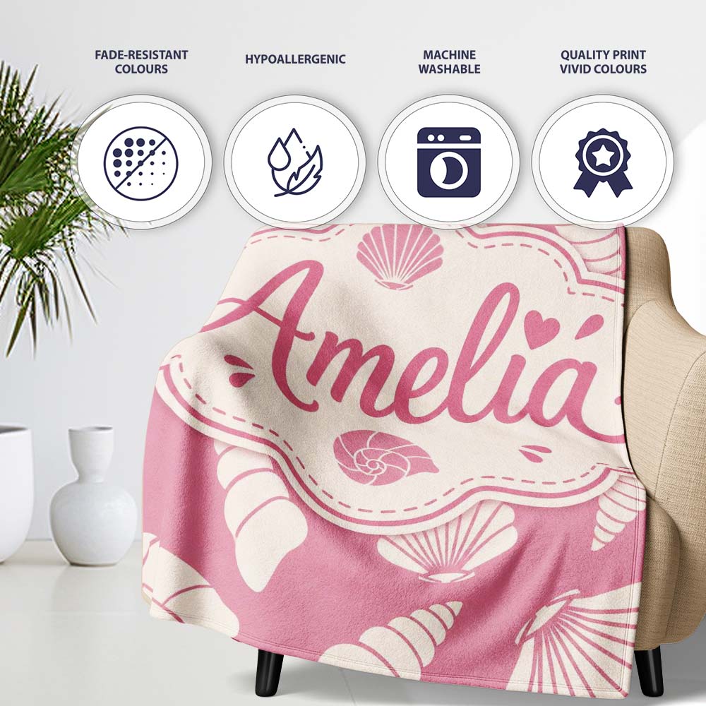 Minimal Seashell Pattern Soft Pink Background Coastal Style Personalised Custom Name Super Soft Fleece Blanket Bed Sofa Throw