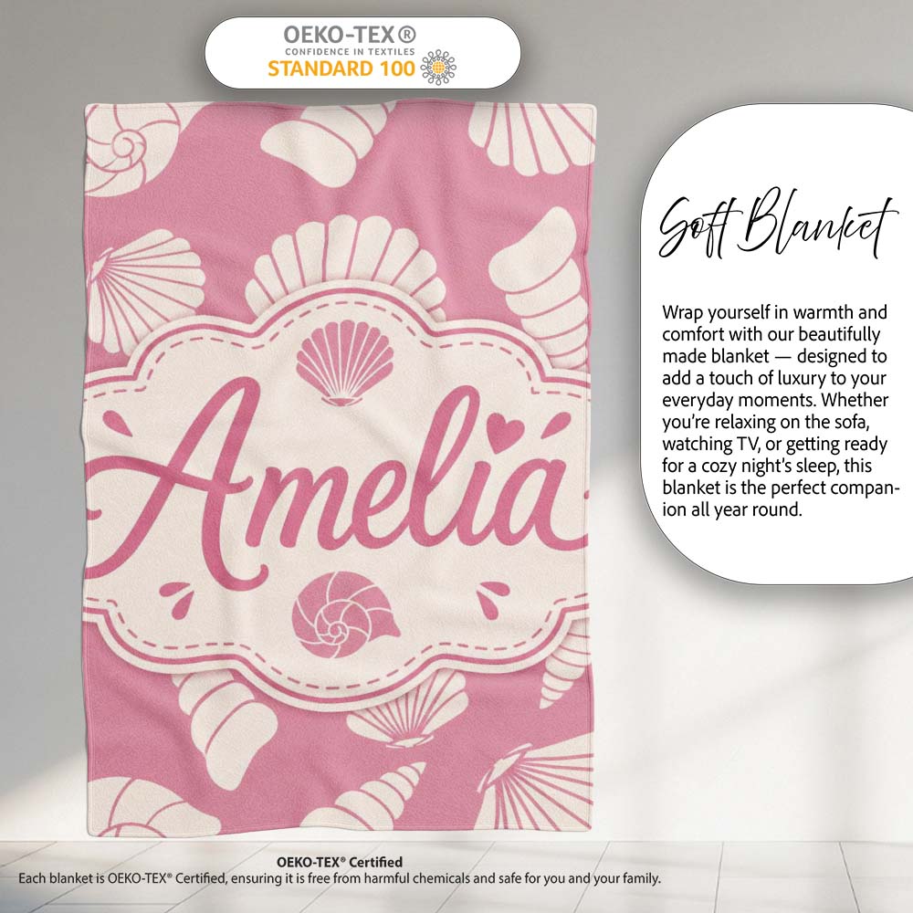 Minimal Seashell Pattern Soft Pink Background Coastal Style Personalised Custom Name Super Soft Fleece Blanket Bed Sofa Throw